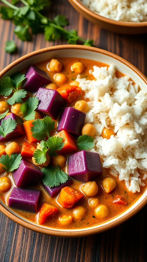 A bowl of purple flotro curry with sweet potatoes, bell peppers, and chickpeas, garnished with cilantro, served with rice on a wooden table.
